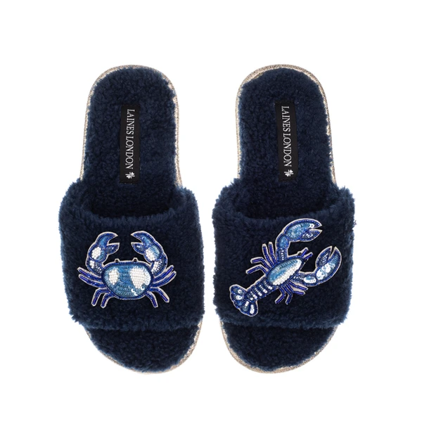 Laines London Teddy Toweling Slipper Slider With Mediterranean Blue Crab & Lobster Brooches