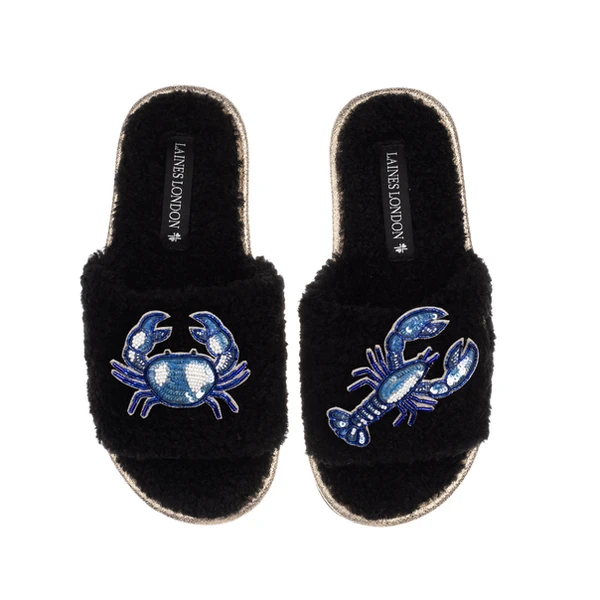 Laines London Teddy Toweling Slipper Slider With Mediterranean Blue Crab & Lobster Brooches