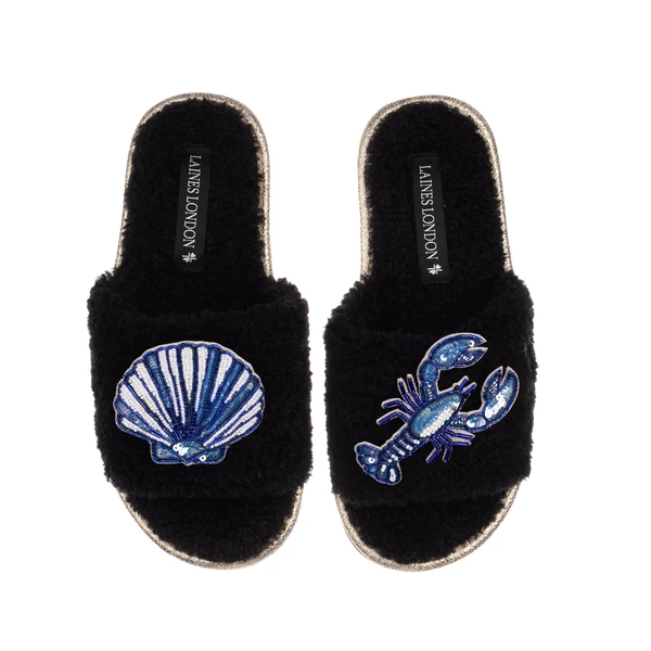 Laines London Teddy Toweling Slipper Slider With Mediterranean Shell & Lobster Brooches