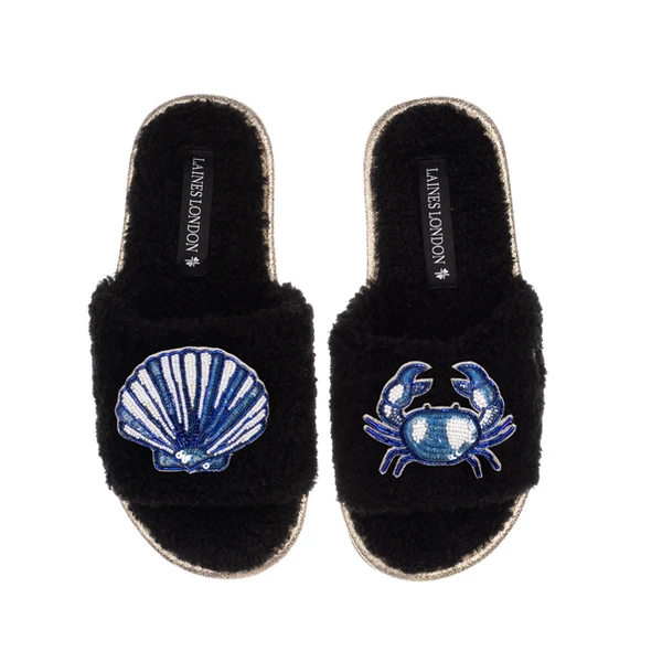 Laines London Teddy Toweling Slipper Slider With Mediterranean Shell & Crab Brooches