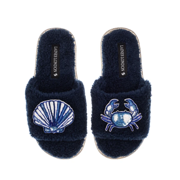 Laines London Teddy Toweling Slipper Slider With Mediterranean Shell & Crab Brooches