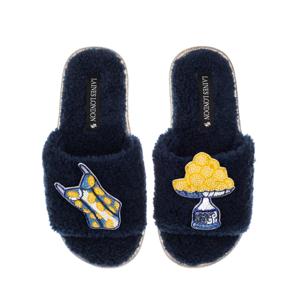 Laines London Teddy Toweling Slipper Slider With Mediterranean Swim Suit & Lemon Brooches