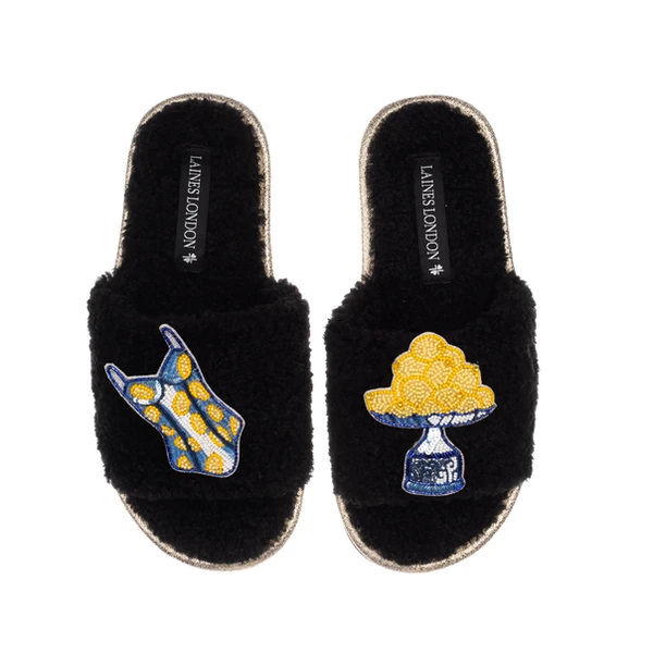laines london Teddy Toweling Slipper Slider With Mediterranean Swim Suit & Lemon Brooches