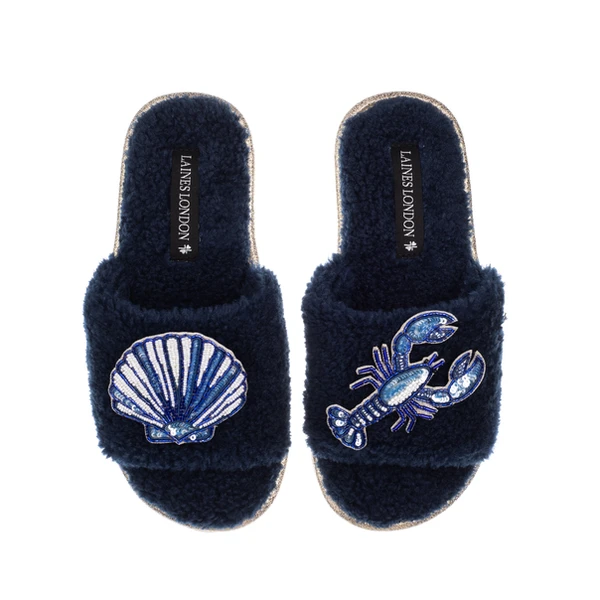 laines london Teddy Toweling Slipper Slider With Mediterranean Shell & Lobster Brooches