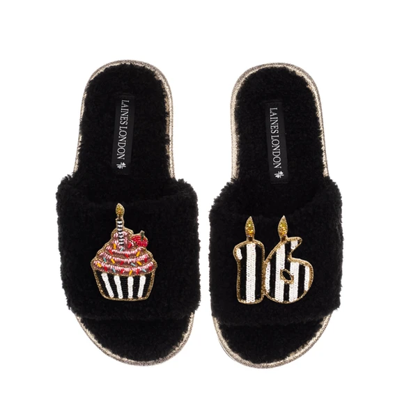 Laines London Teddy Toweling Slipper Slider With Stripe 16TH Birthday & Cake Brooches