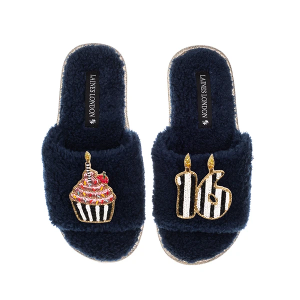 Laines London Teddy Toweling Slipper Slider With Stripe 16TH Birthday & Cake Brooches