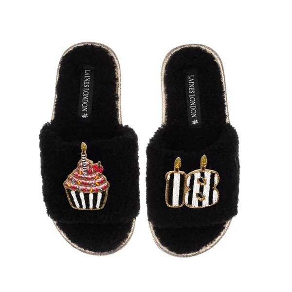 Laines London Teddy Toweling Slipper Slider With Stripe 18TH Birthday & Cake Brooches