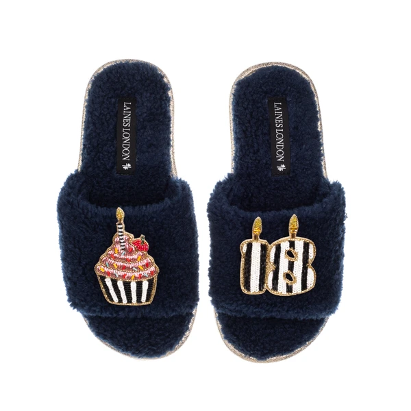 Laines London Teddy Toweling Slipper Slider With Stripe 18TH Birthday & Cake Brooches