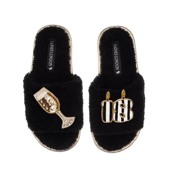 Laines London Teddy Toweling Slipper Slider With Stripe 18TH Birthday & Champagne Brooches