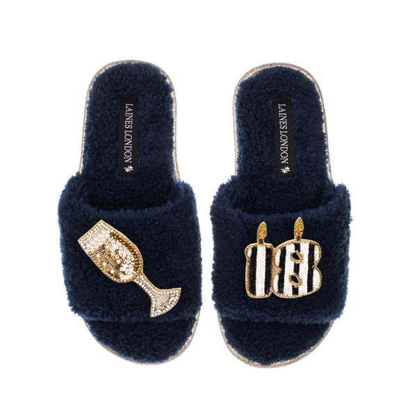 Laines London Teddy Toweling Slipper Slider With Stripe 18TH Birthday & Champagne Brooches