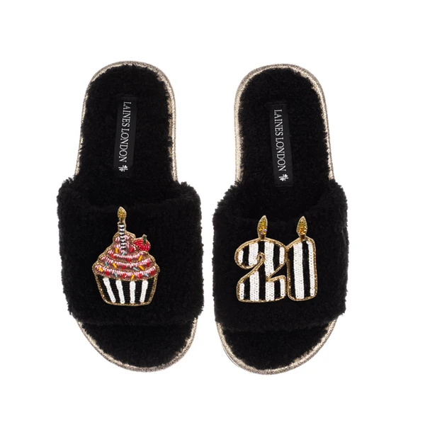Laines London Teddy Toweling Slipper Slider With Stripe 21ST Birthday & Cake Brooches