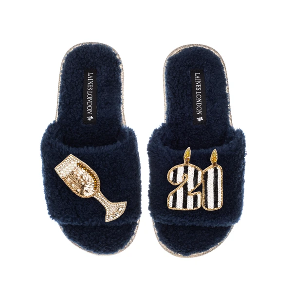 Laines London Teddy Toweling Slipper Slider With Stripe 21ST Birthday & Champagne Brooches