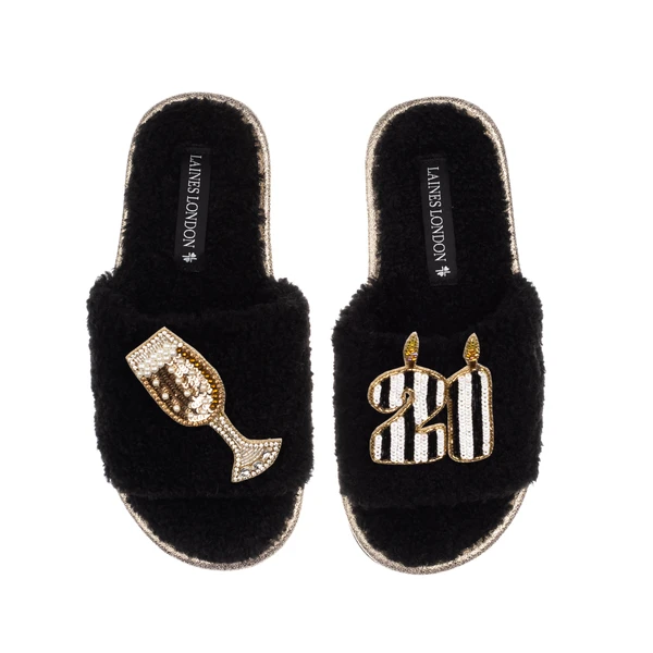 Laines London Teddy Toweling Slipper Slider With Stripe 21ST Birthday & Champagne Brooches