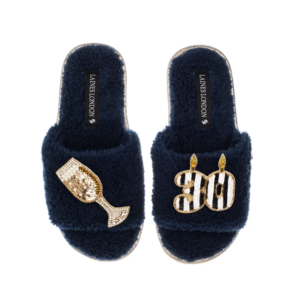 Laines London Teddy Toweling Slipper Slider With Stripe 30TH Birthday & Champagne Brooches