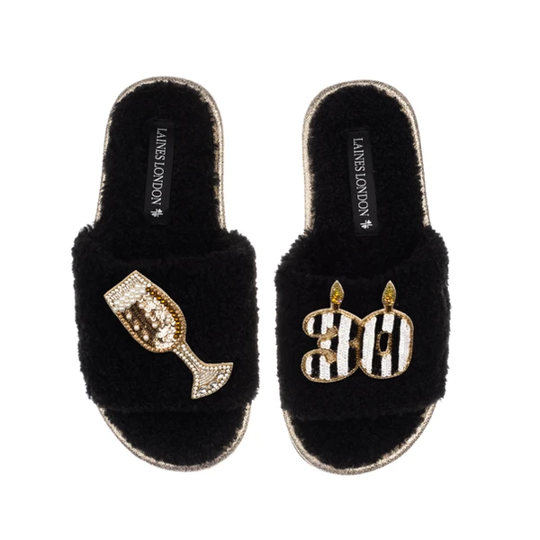Laines London Teddy Toweling Slipper Slider With Stripe 30TH Birthday & Champagne Brooches