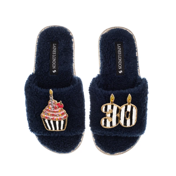 laines london Teddy Toweling Slipper Slider With Stripe 30TH Birthday & Cake Brooches