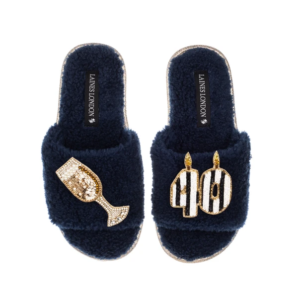 Laines London Teddy Toweling Slipper Slider With Stripe 40TH Birthday & Champagne Brooches