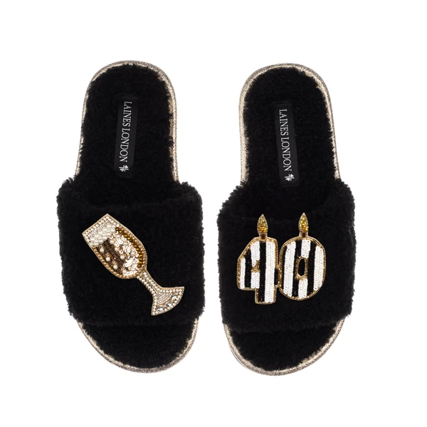 Laines London Teddy Toweling Slipper Slider With Stripe 40TH Birthday & Champagne Brooches