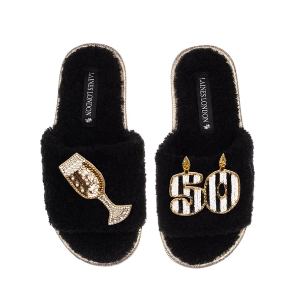 Laines London Teddy Toweling Slipper Slider With Stripe 50TH Birthday & Champagne Brooches