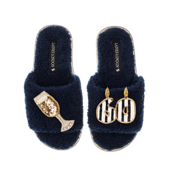Laines London Teddy Toweling Slipper Slider With Stripe 60TH Birthday & Champagne Brooches