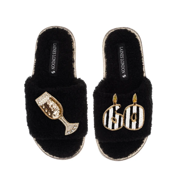 Laines London Teddy Toweling Slipper Slider With Stripe 60TH Birthday & Champagne Brooches