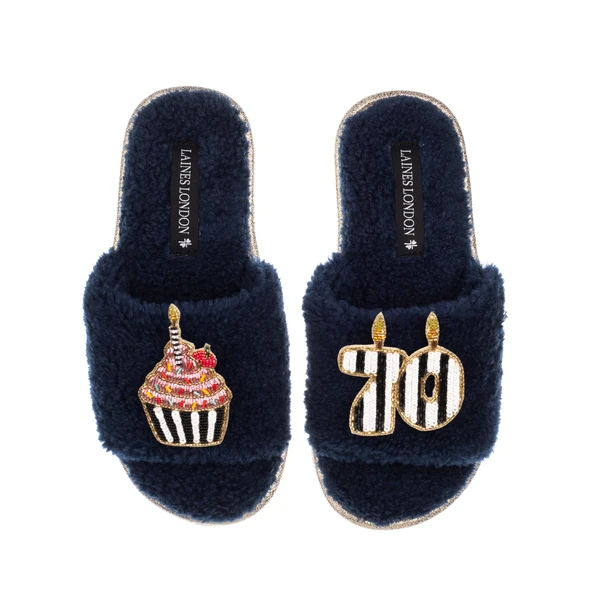 Laines London Teddy Toweling Slipper Slider With Stripe 70TH Birthday & Cake Brooches