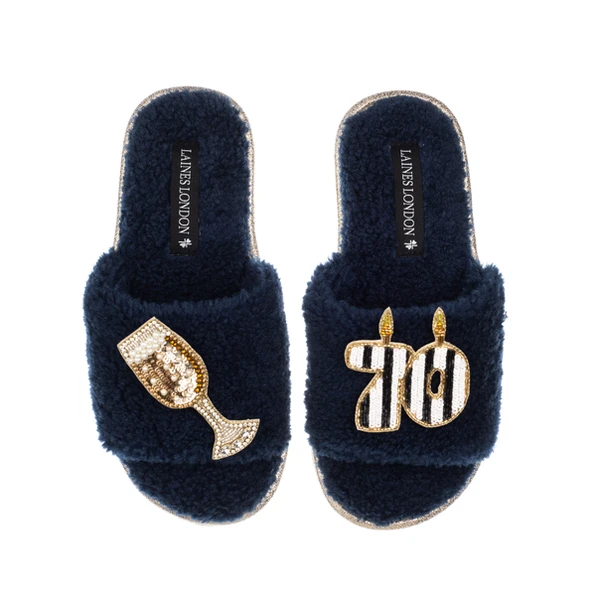 Laines London Teddy Toweling Slipper Slider With Stripe 70TH Birthday & Champagne Brooches