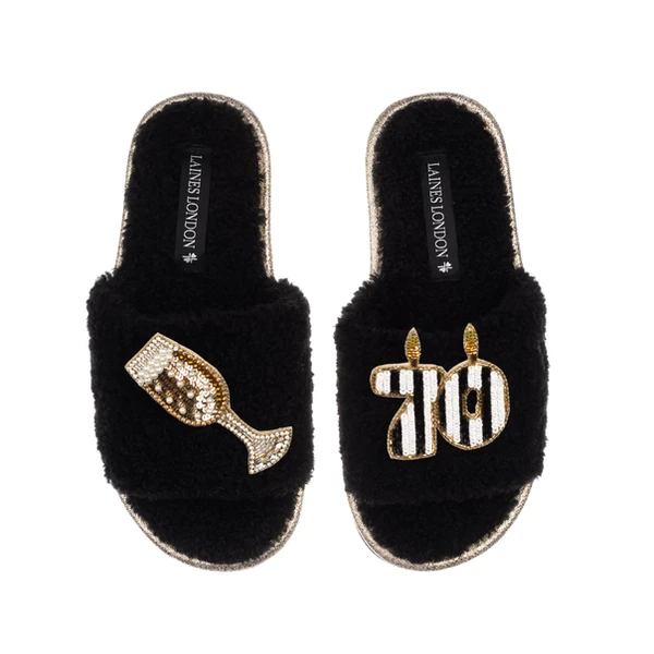 laines london Teddy Toweling Slipper Slider With Stripe 70TH Birthday & Champagne Brooches