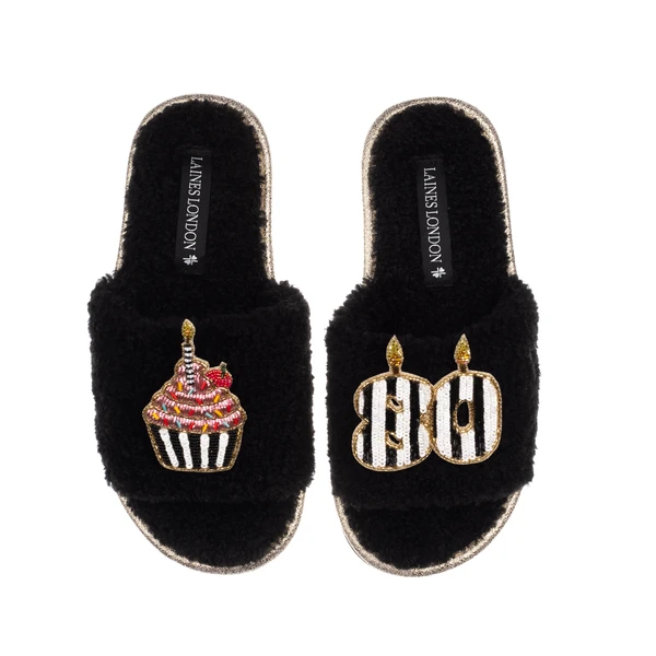 Laines London Teddy Toweling Slipper Slider With Stripe 80TH Birthday & Cake Brooches
