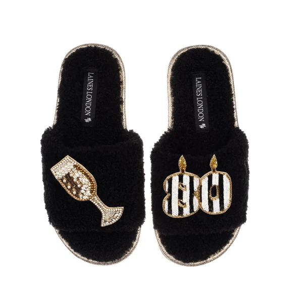 Laines London Teddy Toweling Slipper Slider With Stripe 80TH Birthday & Champagne Brooches