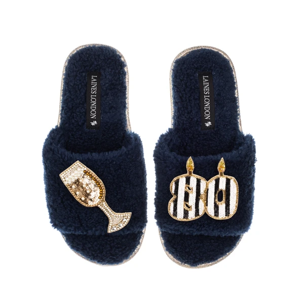 Laines London Teddy Toweling Slipper Slider With Stripe 80TH Birthday & Champagne Brooches