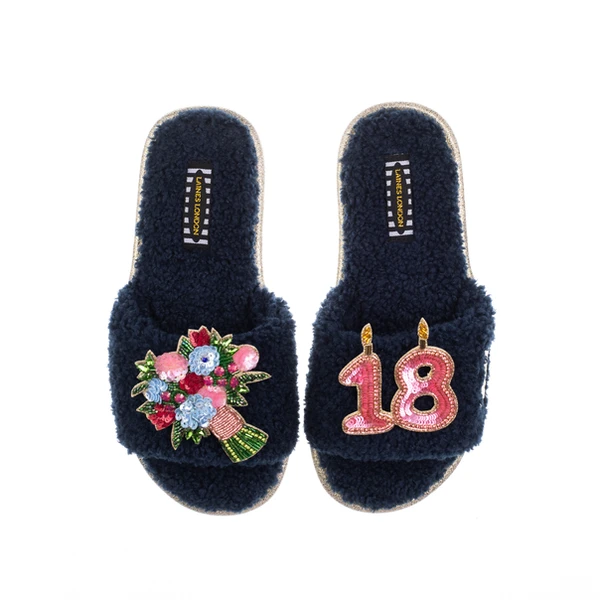 Laines London Teddy Toweling Slipper Sliders With 18TH Birthday & Flowers Brooches