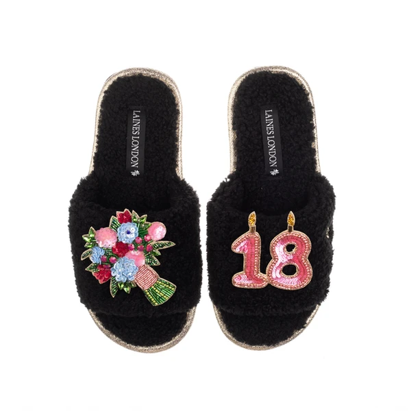 Laines London Teddy Toweling Slipper Sliders With 18TH Birthday & Flowers Brooches