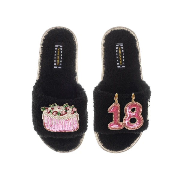 Laines London Teddy Toweling Slipper Sliders With 18TH Birthday & Cake Brooches