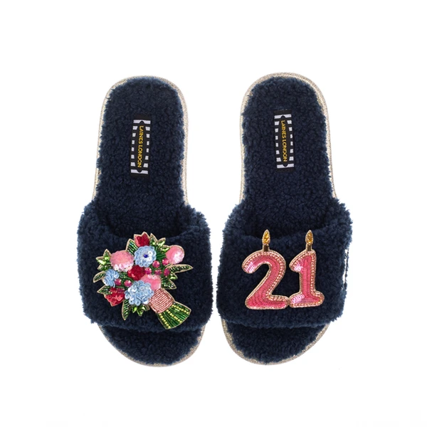 Laines London Teddy Toweling Slipper Sliders With 21ST Birthday & Flowers Brooches