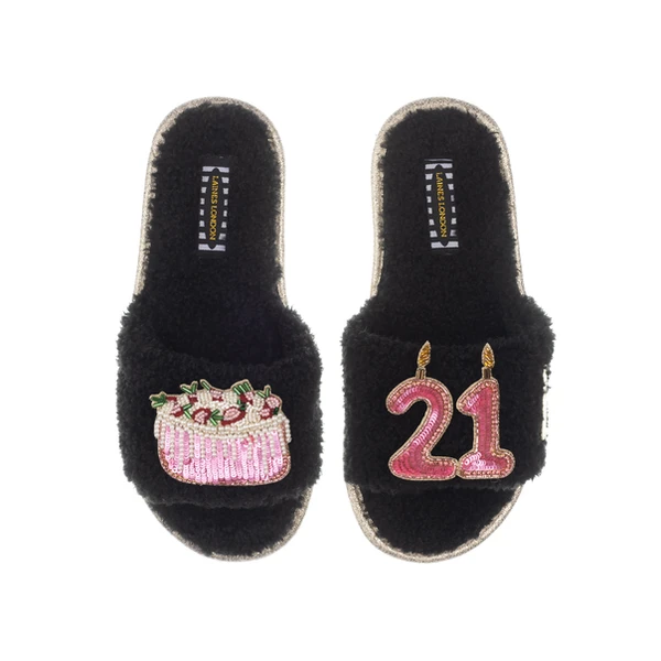 Laines London Teddy Toweling Slipper Sliders With 21st Birthday & Cake Brooches