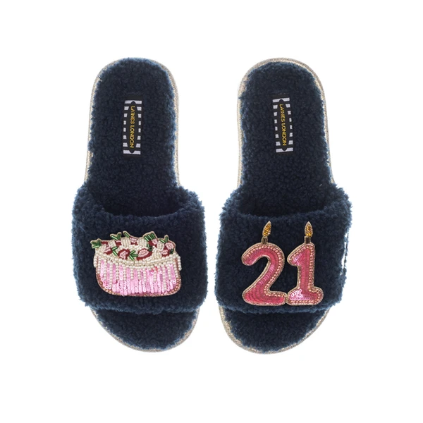 laines london Teddy Toweling Slipper Sliders With 21st Birthday & Cake Brooches