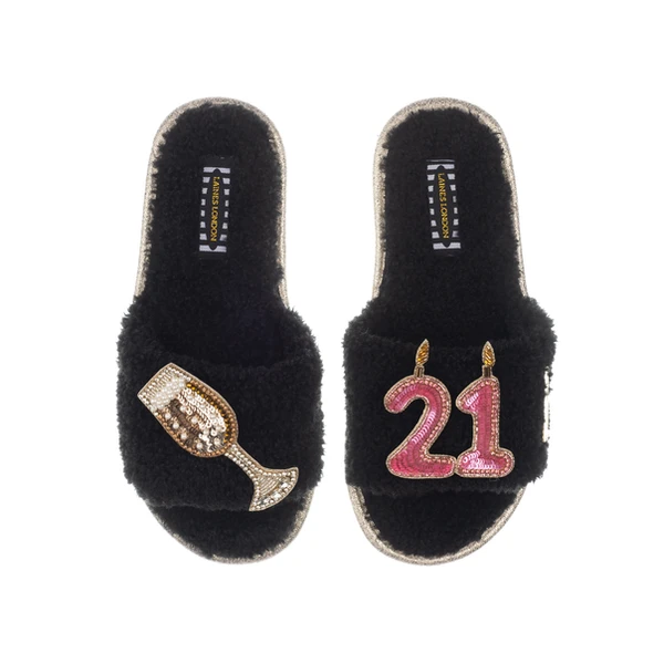 Laines London Teddy Toweling Slipper Sliders With 21st Birthday & Glass Of Champagne Brooches