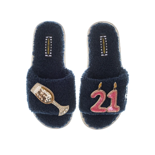Laines London Teddy Toweling Slipper Sliders With 21st Birthday & Glass Of Champagne Brooches
