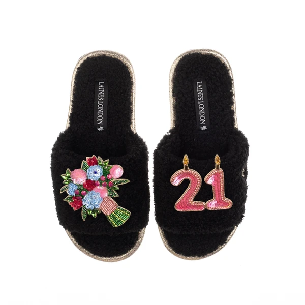 laines london Teddy Toweling Slipper Sliders With 21ST Birthday & Flowers Brooches