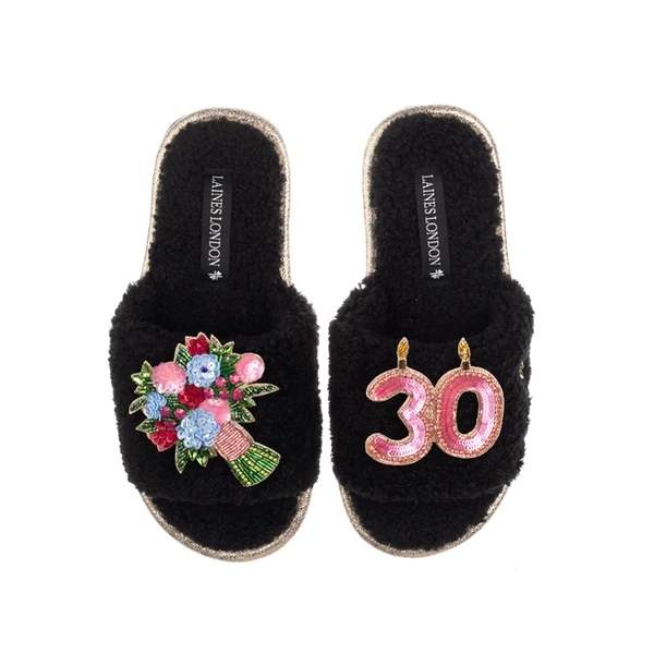 Laines London Teddy Toweling Slipper Sliders With 30TH Birthday & Flowers Brooches