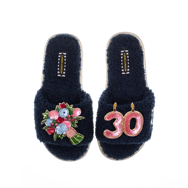Laines London Teddy Toweling Slipper Sliders With 30TH Birthday & Flowers Brooches