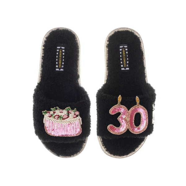 Laines London Teddy Toweling Slipper Sliders With 30TH Birthday & Cake Brooches