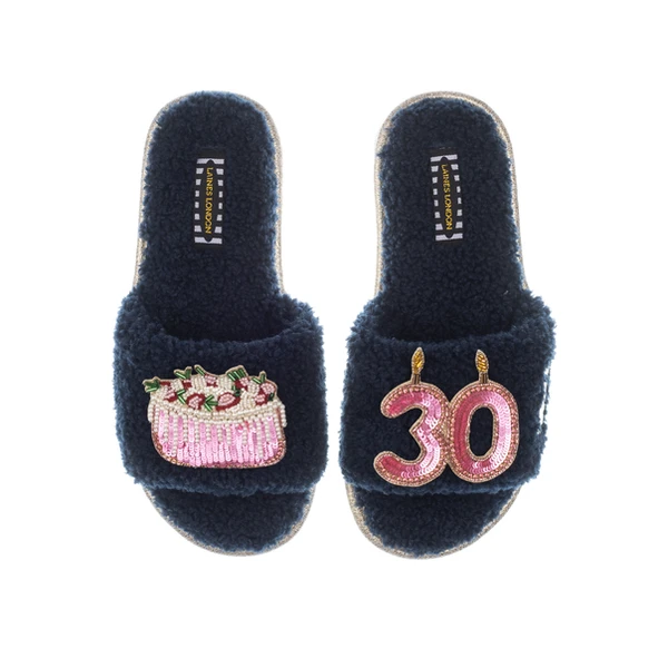 laines london Teddy Toweling Slipper Sliders With 30TH Birthday & Cake Brooches