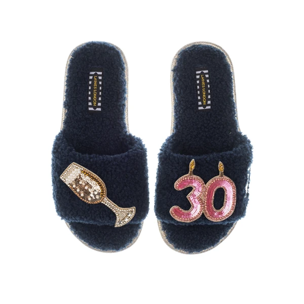 Laines London Teddy Toweling Slipper Sliders With 30TH Birthday & Glass Of Champagne Brooches