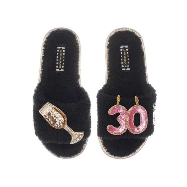 Laines London Teddy Toweling Slipper Sliders With 30TH Birthday & Glass Of Champagne Brooches
