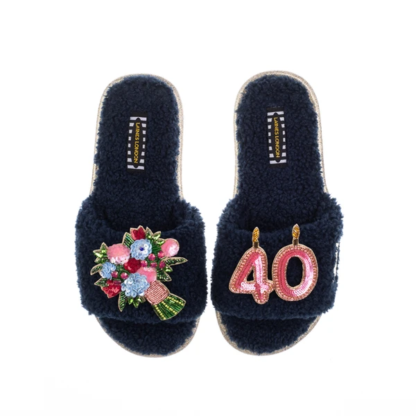 Laines London Teddy Toweling Slipper Sliders With 40TH Birthday & Flowers Brooches