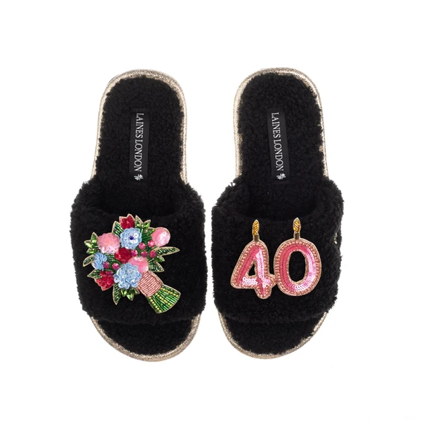 Laines London Teddy Toweling Slipper Sliders With 40TH Birthday & Flowers Brooches