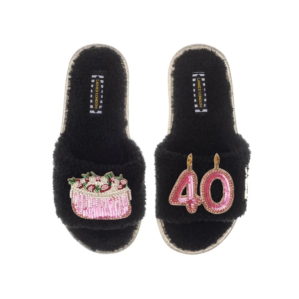 Laines London Teddy Toweling Slipper Sliders With 40TH Birthday & Cake Brooches
