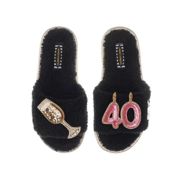 Laines London Teddy Toweling Slipper Sliders With 40TH Birthday & Glass Of Champagne Brooches